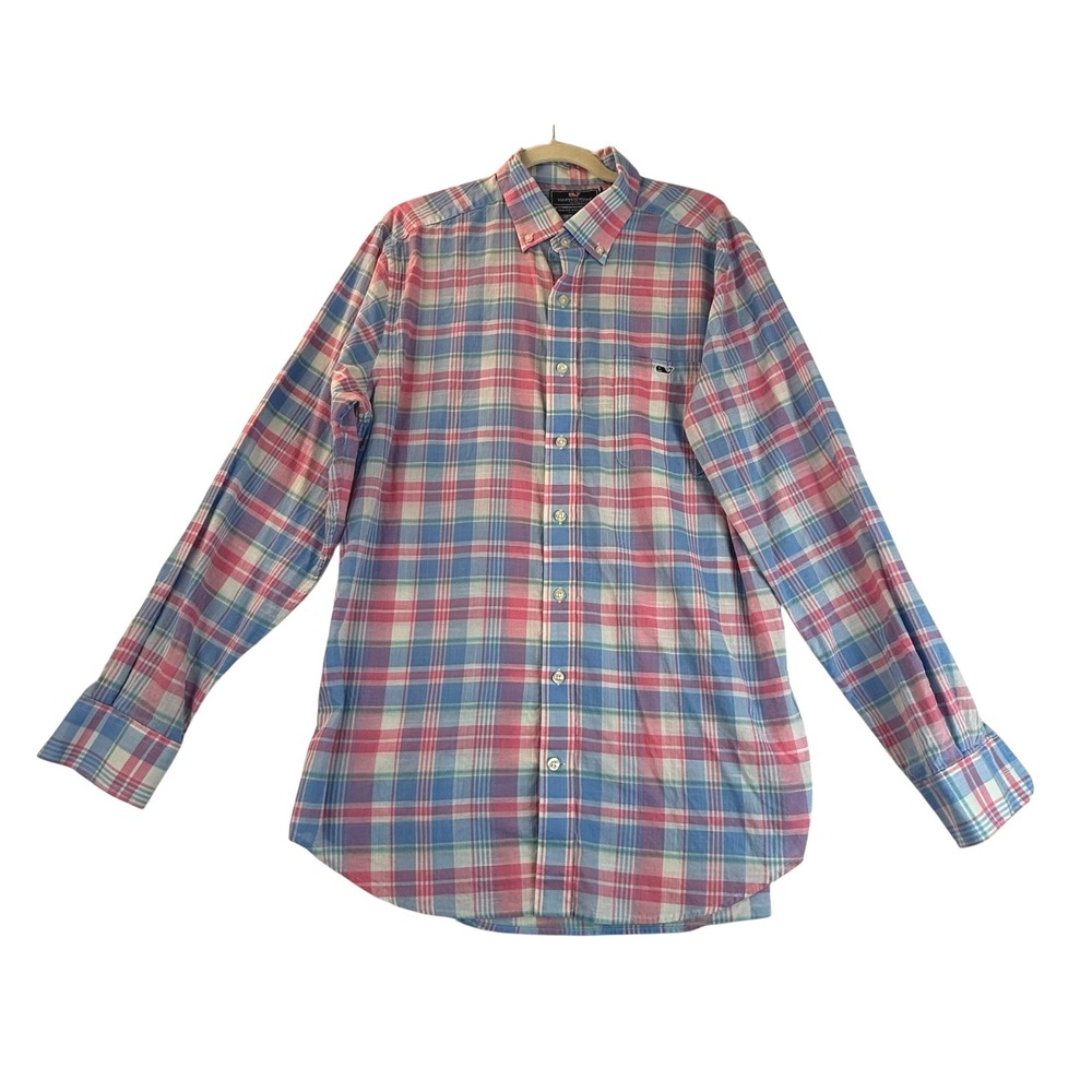 Vineyard Vines Tucker Shirt Large Pink Blue Plaid Slim Fit Cotton Long Sleeve